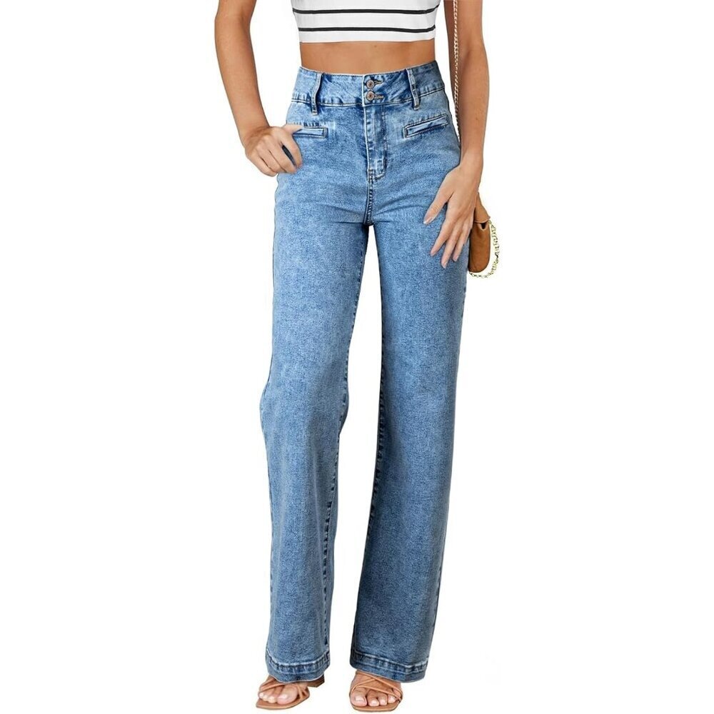 Women's Washed Light Blue High Waisted Straight Leg Stretchy Trendy Denim Pants